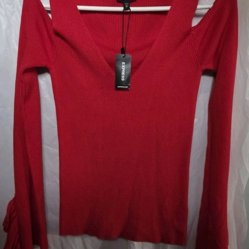 Whimsigoth Red Sweater Cold Shoulder Ruffle Sleeve